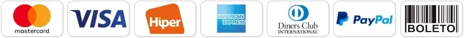 Formas de pagamento: Mastercard, Visa, Hiper, American Express, Diners Club, PayPal e Boleto