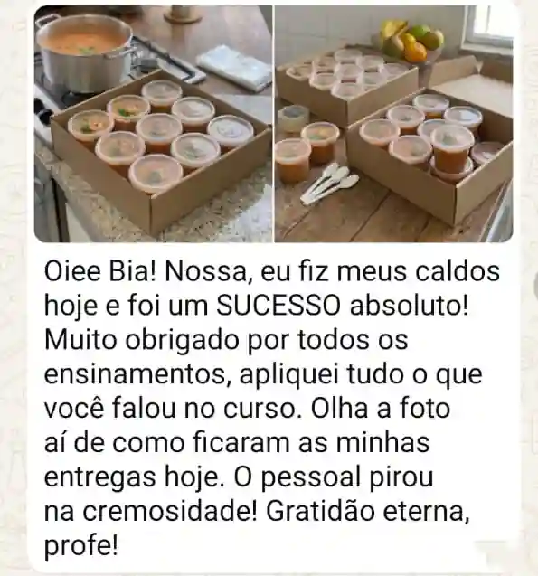 Print de WhatsApp com feedback de aluna do curso de Caldos