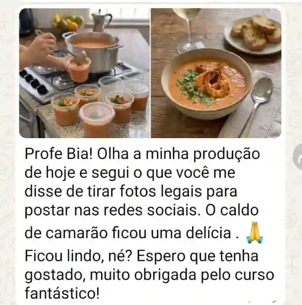 Print de WhatsApp com feedback de aluna do curso de Caldos