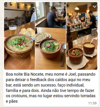 Print de WhatsApp com feedback de aluna do curso de Caldos