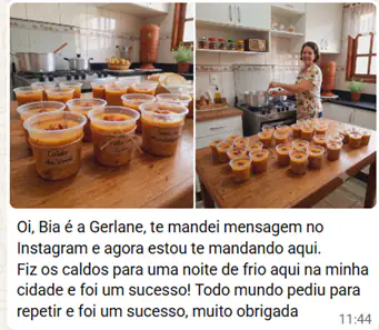 Print de WhatsApp com feedback de aluna do curso de Caldos
