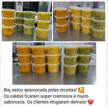 Print de WhatsApp com feedback de aluna do curso de Caldos