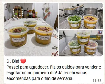Print de WhatsApp com feedback de aluna do curso de Caldos