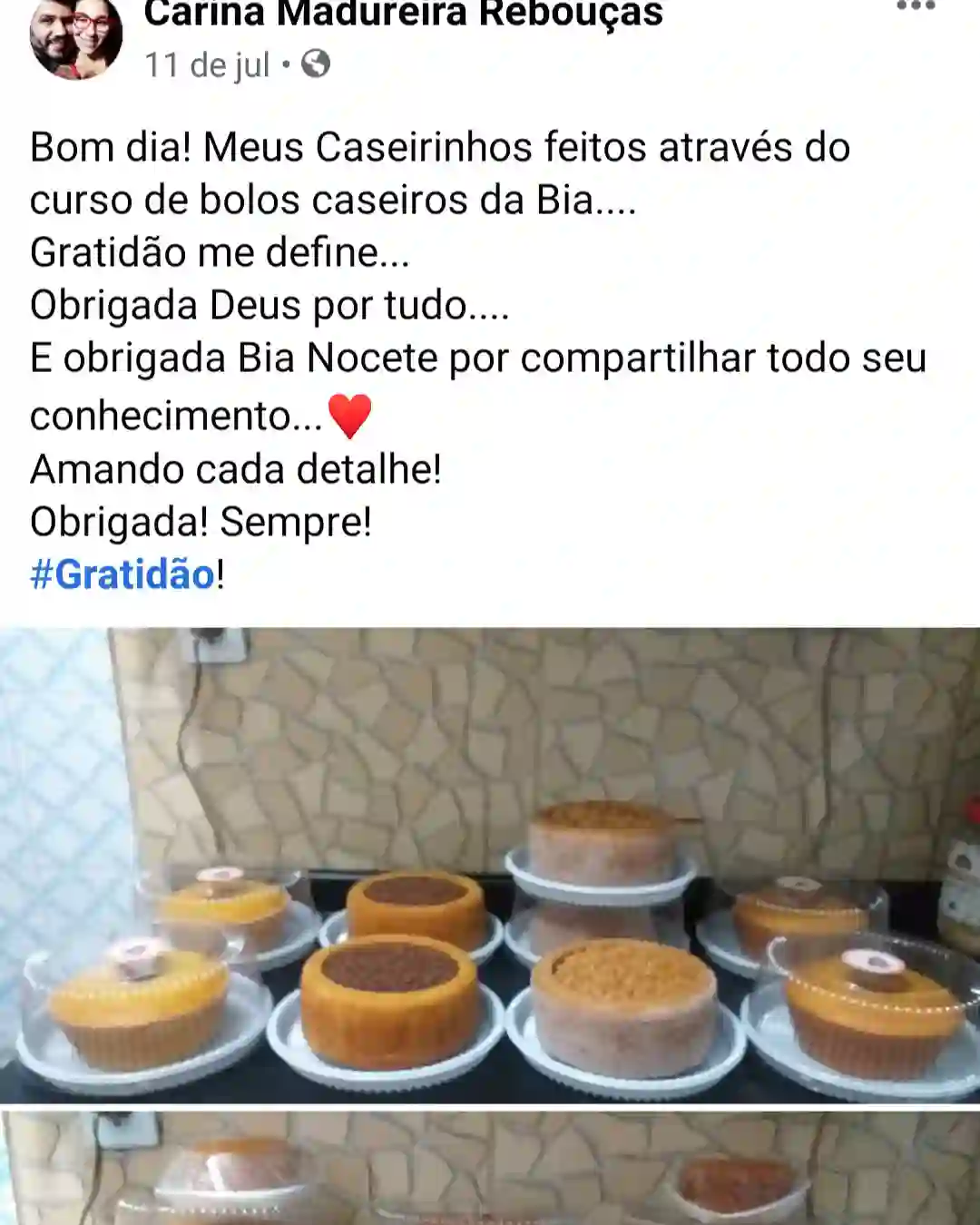 Depoimento de aluna do curso de bolos caseiros