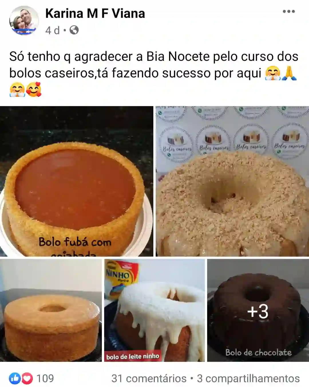 Depoimento de aluna do curso de bolos caseiros