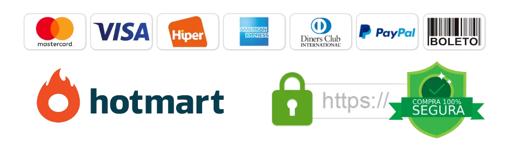 Pagamento seguro por cartão, Pix e boleto via Hotmart