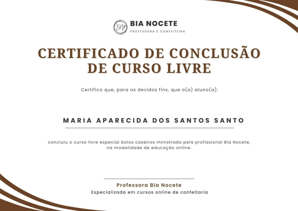 Modelo do certificado de conclusão do curso de bolos caseiros