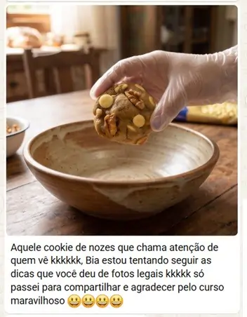 Prova social de aluna agradecendo pelo curso de cookies