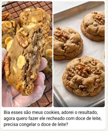 Prova social de aluna com cookies de nozes recheados