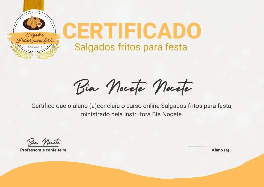 Certificado de conclusão do curso Salgados fritos para festa